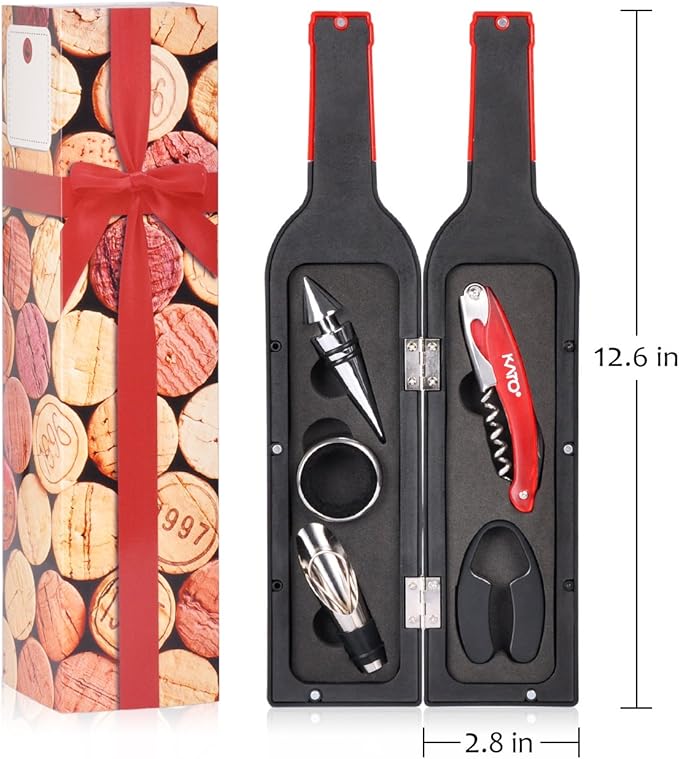 Wine Bottle Accessories Gift Set - Wine Opener Kit Corkscrew Screw Pull, Stopper, Aerator Pourer, Foil Cutter, Drip Ring with Drink Stickers by Kato, Great Valentine's Gifts, Red