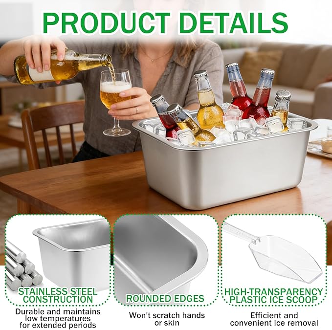 Large Strainless Steel Beverage Tub, Ice Buckets for Parties, Beer Ice Bucket Drink Cooler, Metal Wine Beer Champagne Bucket Drink Chiller, Rectangular Ice Storage Tub Ice Cube Bin for Freezer (2 Pcs)