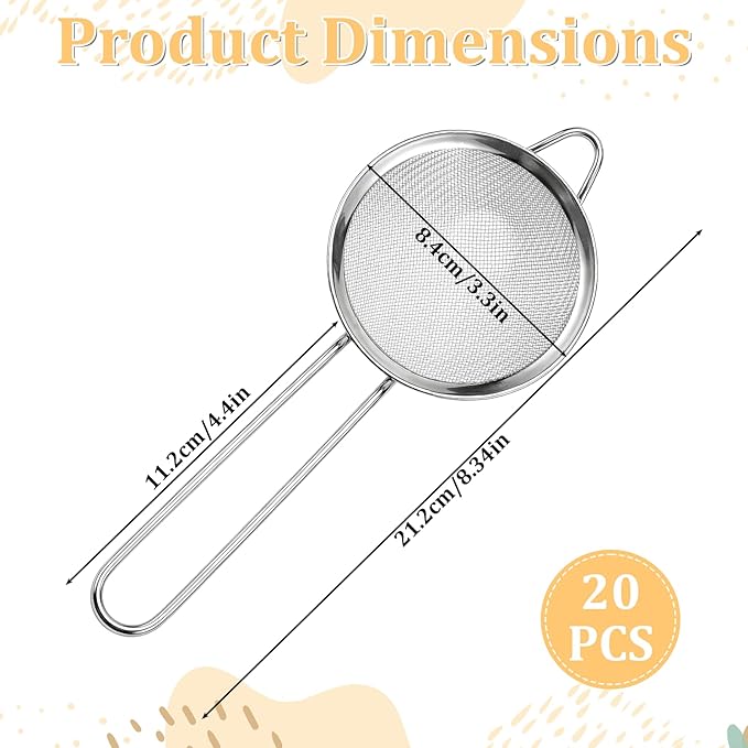 20 Packs Stainless Steel Small Strainer, 3.3'' Tea Strainers Cocktail Strainer Stainless Steel Fine Mesh SmallStrainers, Fine Mesh Steels Cone Shaped Cocktail Strainers for Juice, Coffee, Long Handle