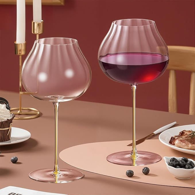 KAMMAK Wine Glasses Set of 2, 24.69 oz Hand Blown Crystal Bordeaux Wine Glasses, Thin Rim & Long Stem, Perfect for Red & White, Daily Use, Wedding or Birthday Gift with Gift Box, Onion Top Yellow
