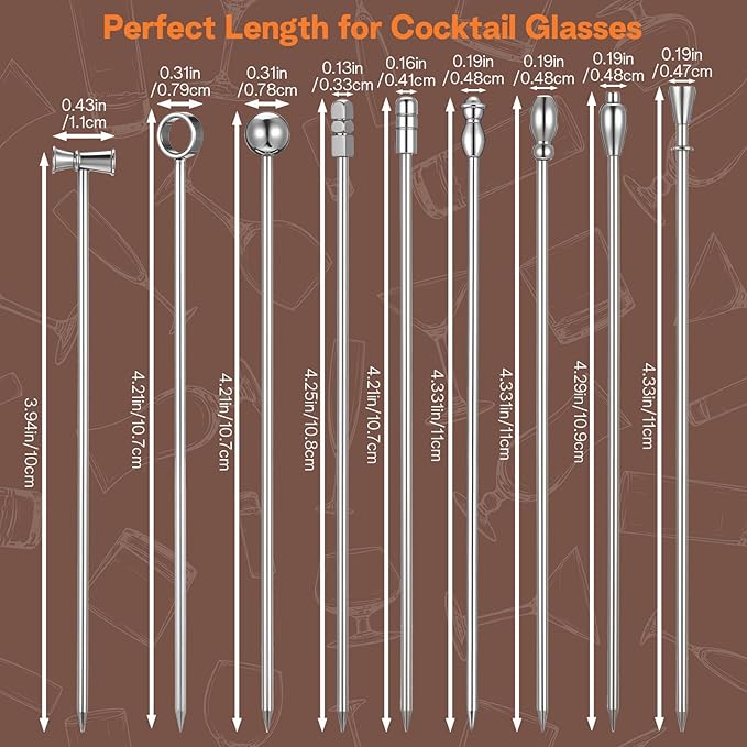 9 Pcs Metal Martini Cocktail Picks, 4.2 Inches Olive Appetizer Skewers Stainless Steel Martini Garnish Sticks Reusable, Metal Toothpicks for Drinks, Bar Accessories Supplies for Bartenders (Sliver)