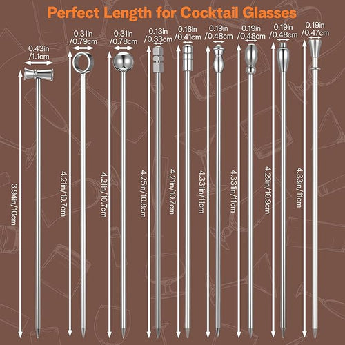9 Pcs Metal Martini Cocktail Picks, 4.2 Inches Olive Appetizer Skewers Stainless Steel Martini Garnish Sticks Reusable, Metal Toothpicks for Drinks, Bar Accessories Supplies for Bartenders (Sliver)