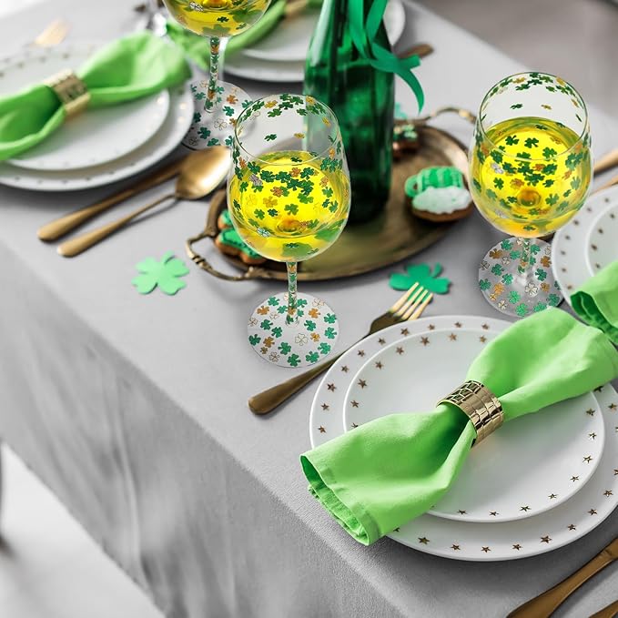 SiliFine 4pcs Green Wine Glasses, 14-17 oz St. Patrick's Day Drinking Cup, Hand Painted Lucky Shamrock Glasses for Party Supplies & Decorations