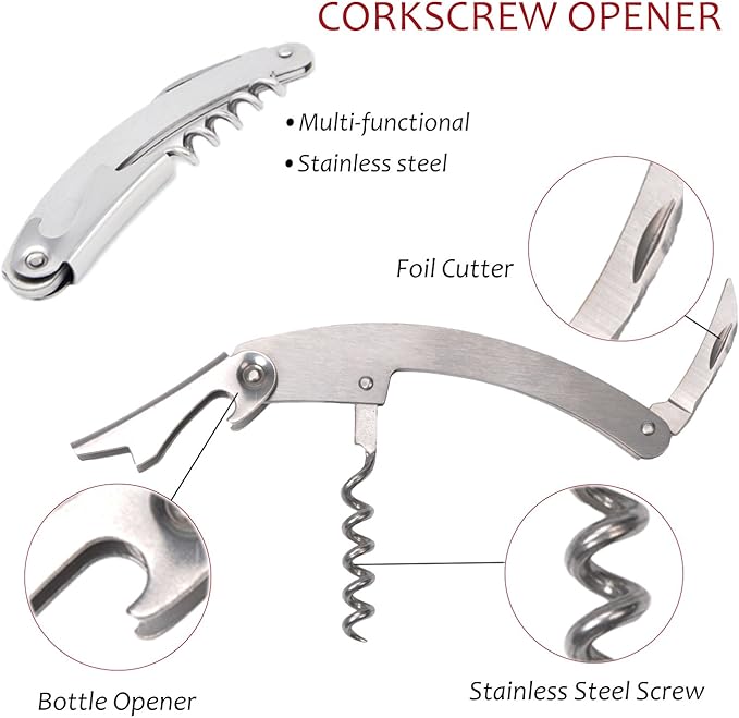 Kato Wine Accessories Gift Set - Bottle Corkscrew Opener Kit, Drip Ring, Foil Cutter, Wine Pourer and Stopper in Novelty Bottle-Shaped Case - Valentine's Gift, Black