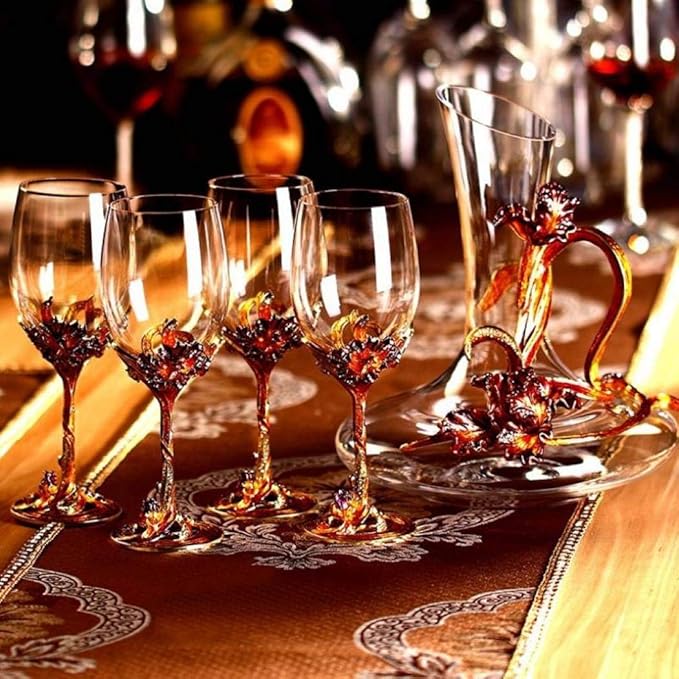 Comeon Wine Glasses Crystal Red Wine Glasses Elegant Champagne Glasses Enamels Floral Decorative Goblets(Golden /2 set(gift box))
