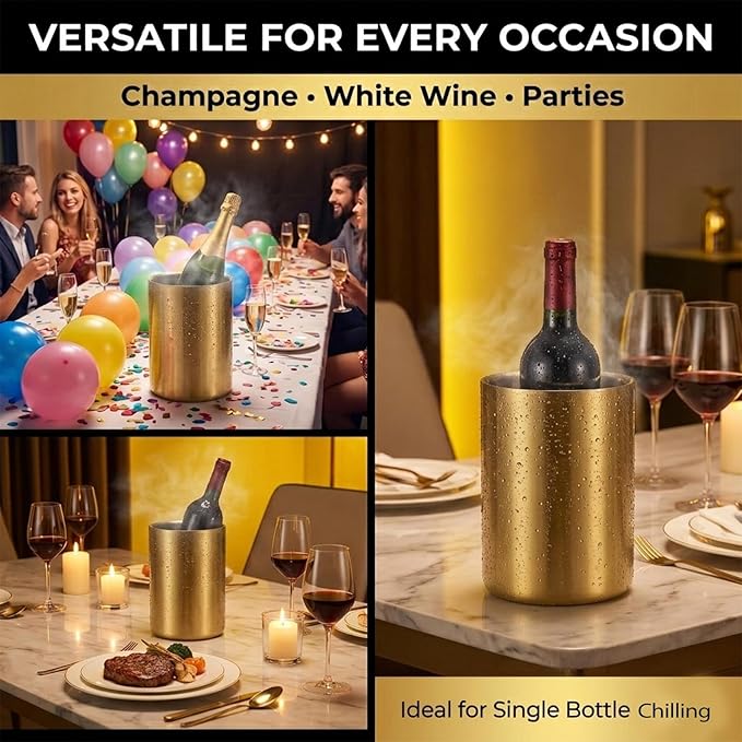 Gold Wine Chiller Bucket for Bottle 750ml Wine Chiller Champagne Cooler Insulated for Parties Keep Wine & Beverage Cold Bar Cart Accessories