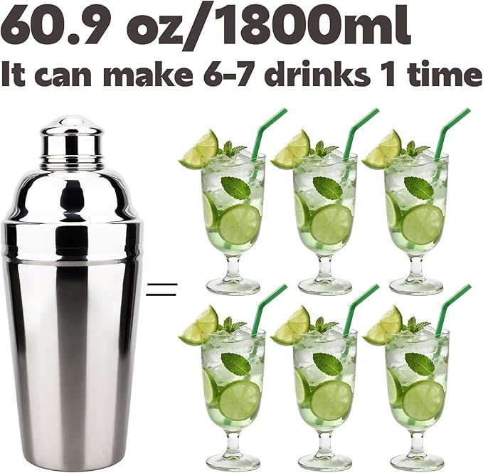 60oz Large Cocktail Shaker, Stainless Steel Bartender Professional Drink Shakers with Built-In Strainer, Martini Shaker Bar Home Mixology Tool, Sliver Large Drink Mixer Bartending Tool