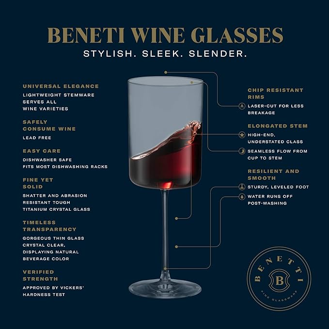 BENETI Large Square Wine Glass Set of 4-17 oz European-Made Hand Blown Glass White Wine Goblets w/Laser-Cut Rim, Dishwasher-Safe Crystal Clear Red Wine Glass Gift Set