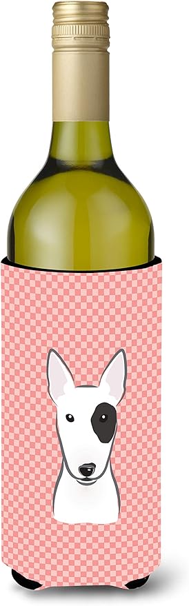 Caroline's Treasures BB1209LITERK Checkerboard Pink Bull Terrier Wine Bottle Hugger Bottle Cooler Sleeve Hugger Machine Washable Collapsible Insulator Beverage Insulated Holder