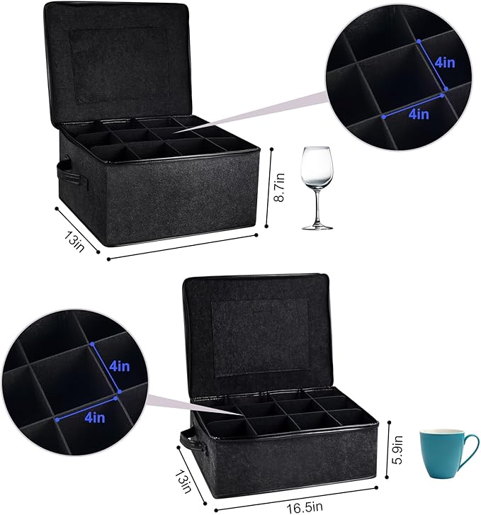 2 Pack Glass Storage Box with Dividers for Mugs & Glassware Coffee Cup Kit Stemware Storage Containers for Packing and Moving 12 Crystal Glassware, Wine Glasses, Drinkware (Gray)