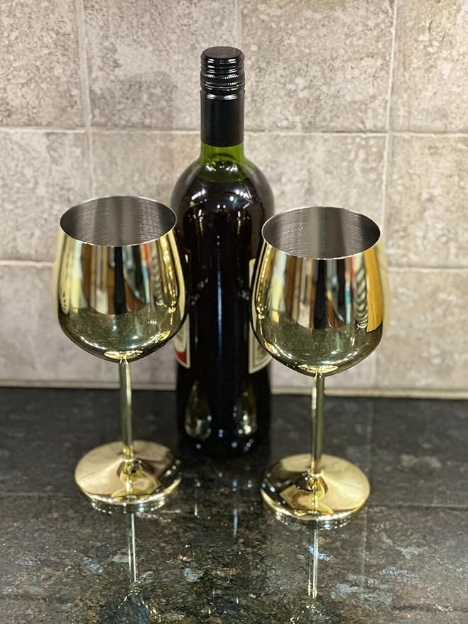 K&K Home Gold Stainless Steel Unbreakable Wine Glasses - 18 oz - Set of 4 Colored, Stemmed Metal Wine Glasses Perfect for Outdoors, Weddings, and Parties