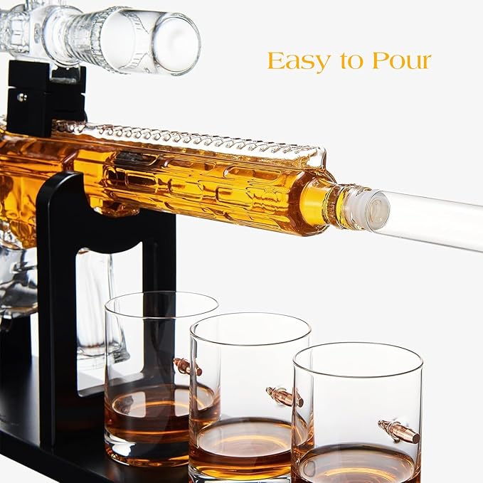 AR15 Whiskey Decanter Set – Limited Edition with Silencer Stopper 640ml Rifle Decanter & 4 Bullet Glasses (310ml) Handmade Gun Liquor Set, TikTok Bar Trend Unique Father’s Day Gift for Dad, Him, Men