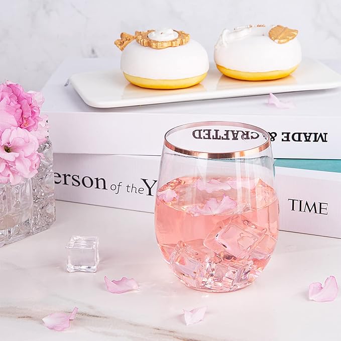 SUT 24 Disposable Stemless Wine Glasses, 12OZ Plastic Party Wine Cups, Rose Gold Wine Glasses, Shatterproof Reusable and BPA-Free, Clear Drinking Glasses Perfect for Outdoor Party, Wedding, Picnic