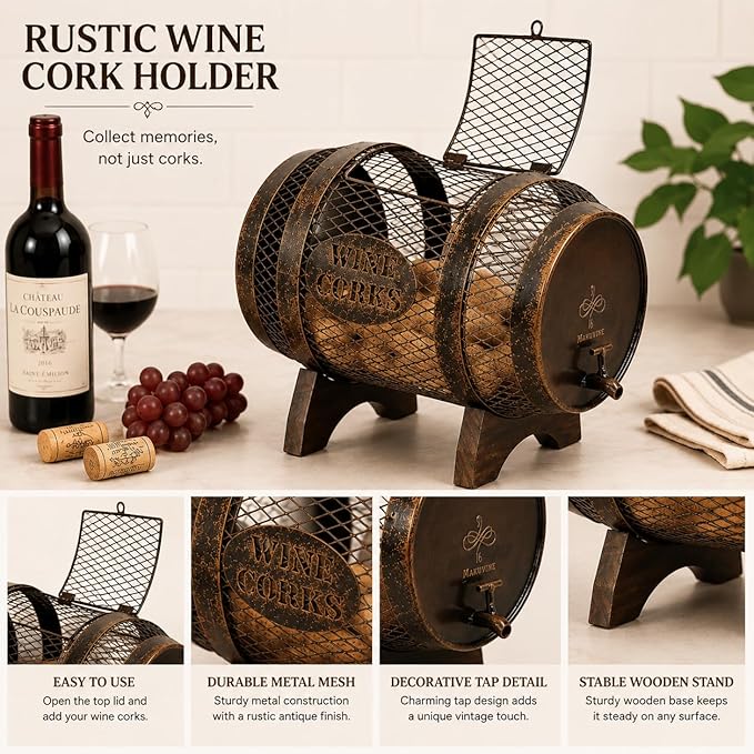 Rustic Metal Large Barrel Wine Cork Holder Display On Wooden Stand, Container for Display, Home Decor, Housewarming Gifts, Home Bar Decor, Wine Gifts, Engagement Gifts, Kitchen Decor