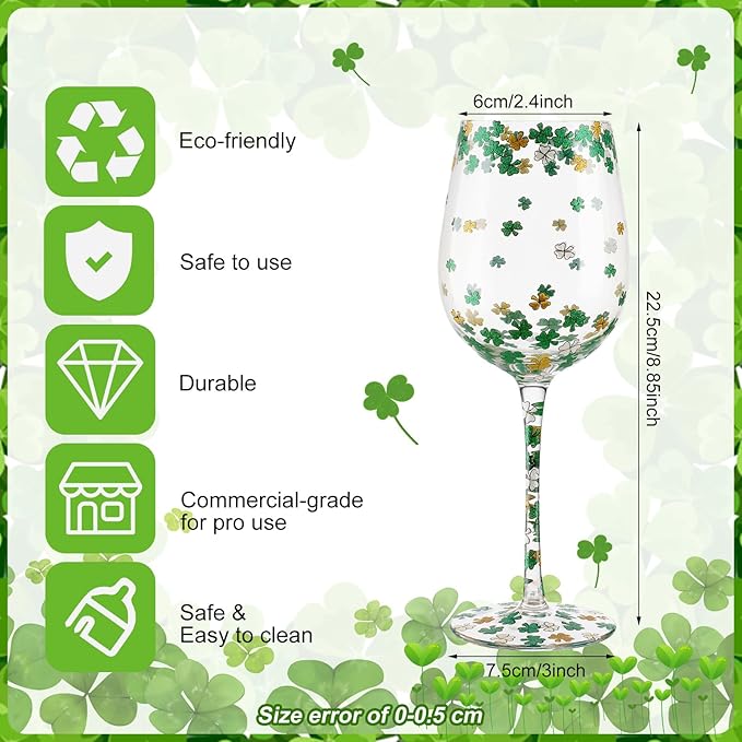 SiliFine 4pcs Green Wine Glasses, 14-17 oz St. Patrick's Day Drinking Cup, Hand Painted Lucky Shamrock Glasses for Party Supplies & Decorations