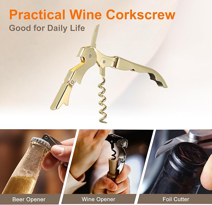 uxcell 4Pcs 5" Wine Openers Waiter Corkscrew Professional Red Wine Bottle Opener Double Hinged with Foil Cutter for Servers Bartender, Gold