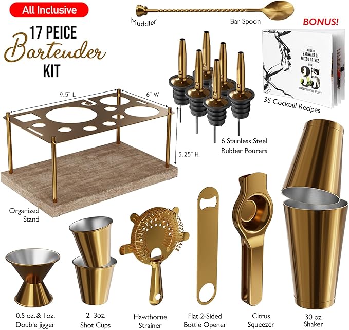 Bar Set Cocktail Shaker Set Bartender Kit, 17 Piece Gold Cocktail Set, Mixology Bartender Kit with Wood Stand, Steel Cocktail Kit, Bar Accessories: 30oz Martini Shaker, Muddler, Cocktail Book & More