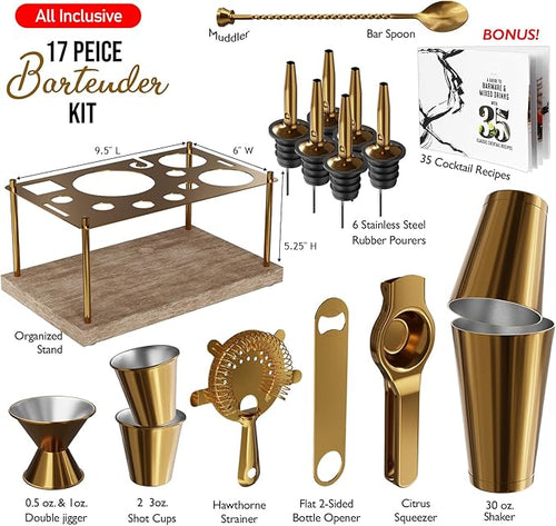 Bar Set Cocktail Shaker Set Bartender Kit, 17 Piece Gold Cocktail Set, Mixology Bartender Kit with Wood Stand, Steel Cocktail Kit, Bar Accessories: 30oz Martini Shaker, Muddler, Cocktail Book & More