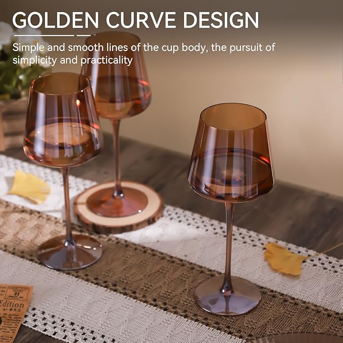 Brown Wine Glasses Set of 6,18oz Dark Amber Wine Glassware Gift Set for Party Brown Hand Blown Glass Drinkware for Red White Wine gifts set for wine lovers