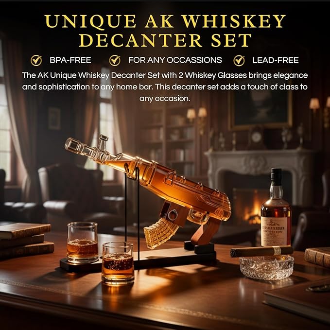 Gifts for Men Dad, Guns Whiskey Decanter Set for Men - Gun Decanter, Detachable Magazine & 2 Full Size Whiskey Glasses, Liquor Dispenser for Bar, Cool Anniversary Birthday Military Present Ideas Gift