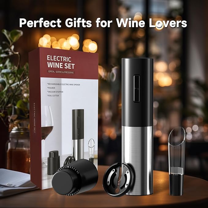 Electric Wine Opener, Automatic Wine Bottle Corkscrew with Air Pump, Foil Cutter, Pourer, Vacuum Stoppers (4PCS)， Professional Easy Rechargeable Vino Opener Set Suitable for Home, Travel