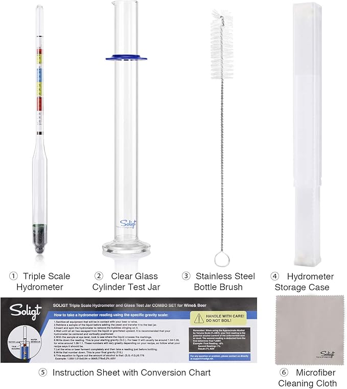 SOLIGT Triple Scale Hydrometer and Glass Test Jar for Wine, Beer, Mead & Cider - ABV, Brix and Gravity Test Kit