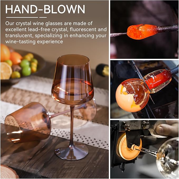 Brown Wine Glasses Set of 6,18oz Dark Amber Wine Glassware Gift Set for Party Brown Hand Blown Glass Drinkware for Red White Wine gifts set for wine lovers