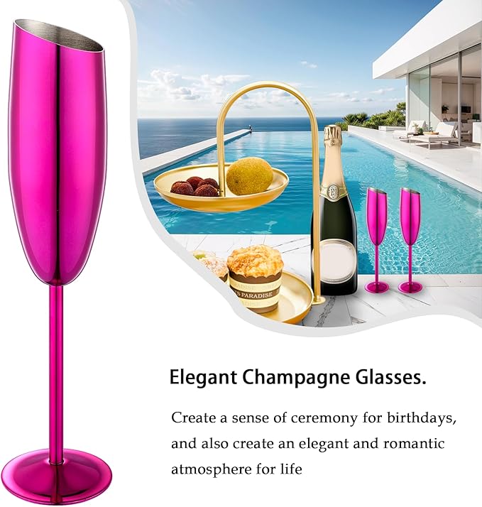 Champagne Flutes Set of 4, Premiumty Stainless Steel High Footed Champagne Glasses, 7oz Capacity,Unbreakable Slanted Champagne Glasses