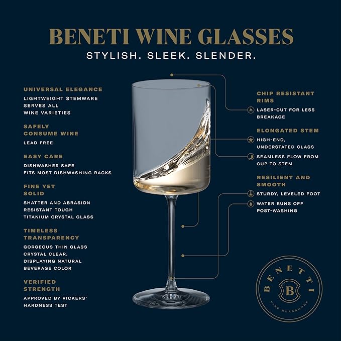 BENETI Large Square Wine Glass Set of 4-11 Oz European-Made Hand Blown Glass White Wine Goblets w/Laser-Cut Rim, Dishwasher-Safe Crystal Clear Red Wine Glass