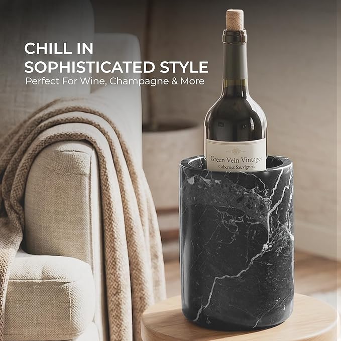 Marble Wine Cooler Black 6.5" Inches Handmade Beverage Cooler For Bar Accessories, Wine Chiller For Bottle and Champagne, Utensil Holder Or Bar Decor, Black