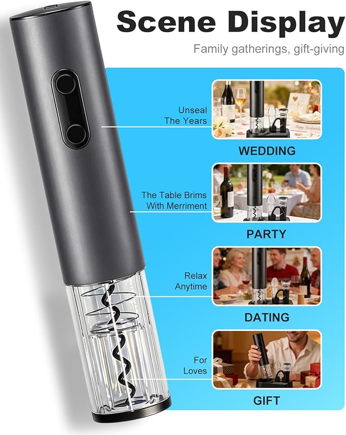 Electric Wine Opener 4-in-1 Automatic Wine Opener Set, Battery Operated Corkscrew Wine Opener and Electric Corkscrew Wine Bottle Opener Kit for Home Bar and Wine Enthusiasts