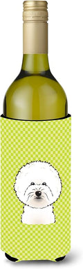 Caroline's Treasures BB1279LITERK Checkerboard Lime Green Bichon Frise Wine Bottle Hugger Bottle Cooler Sleeve Hugger Machine Washable Collapsible Insulator Beverage Insulated Holder