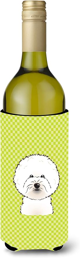 Caroline's Treasures BB1279LITERK Checkerboard Lime Green Bichon Frise Wine Bottle Hugger Bottle Cooler Sleeve Hugger Machine Washable Collapsible Insulator Beverage Insulated Holder