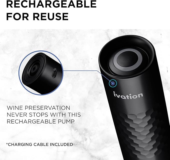 Ivation Rechargeable Wine Saver Pump with Reusable Stoppers, 6-Piece Wine Saver Preserver Gift Set with Automatic Vacuum Pump Sealer, USB Charger & 4 Universal Bottle Plugs
