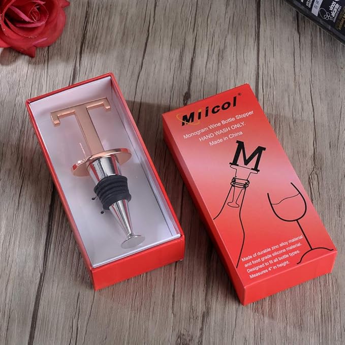 Miicol Wine Bottle Stopper, Prosecco Topper, Rose Gold Wine Stopper, Personalised Champagne Stopper, Initial Funny Prosecco Gift, Wine Lovers Gift, Kitchen Decor, Letter T