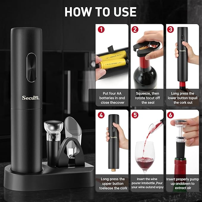 Secura Electric Wine Opener Battery Operated Automatic Wine Bottle Opener Set Reusable Corkscrew with Foil Cutter, Vacuum Stoppers, Aerator Pourer Wine Set Gift for Wine Lovers, Black