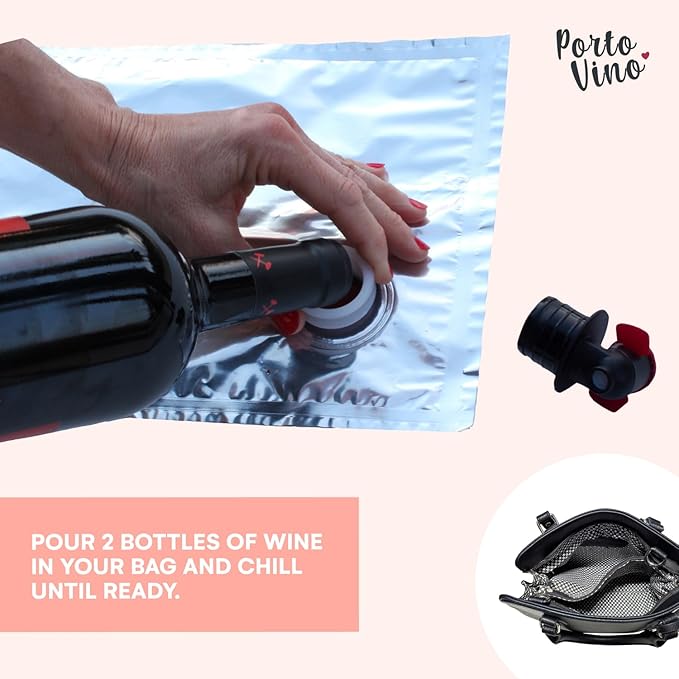 PortoVino Insulated Wine Purse Tote Bag - Canvas Drink Pouches with Hidden Spout and Wine Dispenser Flask - Beach Bag Holds 50 oz Beverage for Travel, Concerts - For Drink Lovers - Blue/White