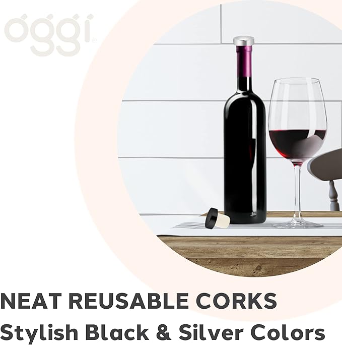 OGGI T-shaped Wine Corks, 2 pcs Wine Bottle Stopper Set, Cork Wine Stoppers for Wine Bottles, Reusable & Low Profile for Wine Beer Bottles DIY Craft (Black, Silver) (Pack of 2)