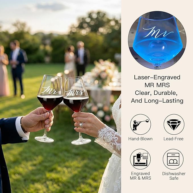 Wedding/Anniversary/Engagement/Bridal Shower and Bachelorette Gifts for Couples,Bride & Newlywed, Engraved Mr and Mrs Wine Glasses with 5-Piece Wine Accessory Kit (Wreath Design)