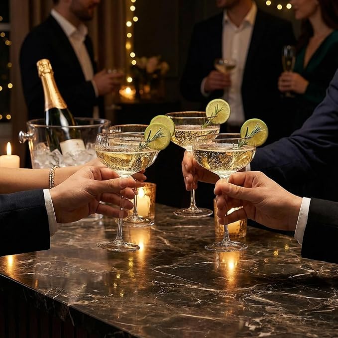 Gold Rim Coupe Glasses 11 oz, Set of 4 Classic Manhattan Glasses - Martini, Cocktails, Champagne, Wine & Water, Coupes Gilded Rimed, Crystal Stemmed, Short Stem Sets Perfect for Drinking Champagne
