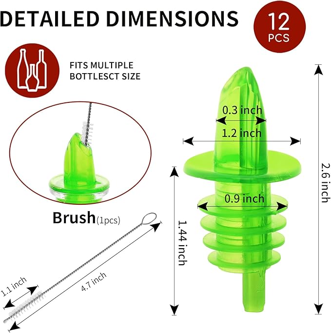 Plastic Liquor Bottle Pourers green- 12 Pack Classic Bottle Pourers for Alcohol, Leak-Proof, Dishwasher-Safe Pour Spouts for Liquor Bottles (green)