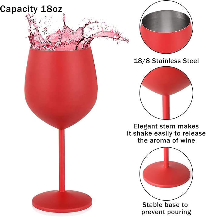 Lifecapido Stainless Steel Wine Glasses Set of 4, 18oz Stainless Steel Wine Goblets, Stemmed Metal Wine Glasses with Cup Brush for Party Office Wedding Anniversary, Great for Red White Wine (Red)