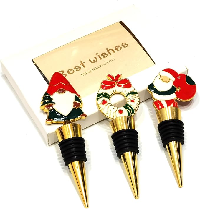 Christmas Wine Stoppers for Wine Bottles 3 Packs - Golden Christmas Stopper Bottle Set - Holiday Xmas Santa Claus, Donut, Elf for Wine Topper, Table Decoration