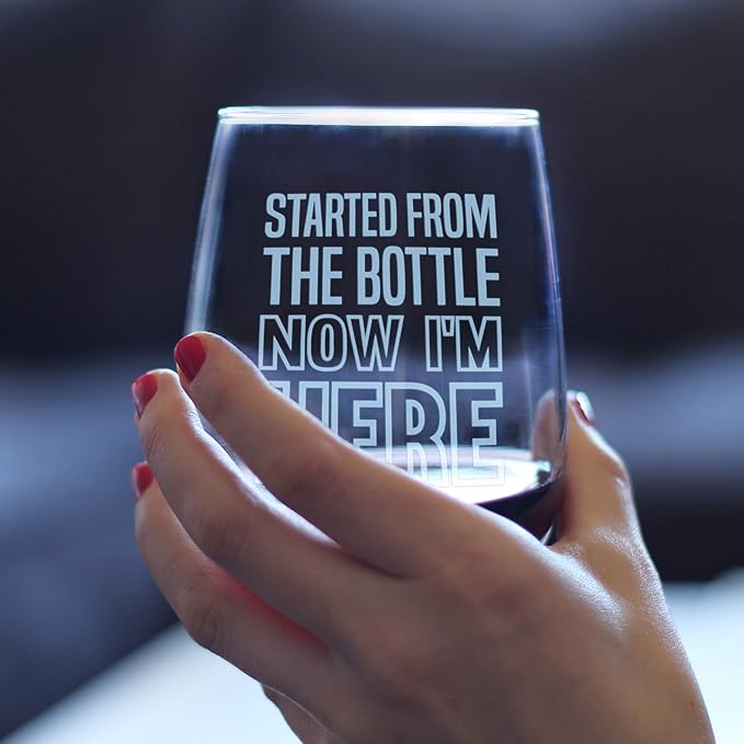 Bevvee Started From the Bottle – Funny Stemless Wine Glass, Large 17 Ounces, Etched Sayings, Gift Box