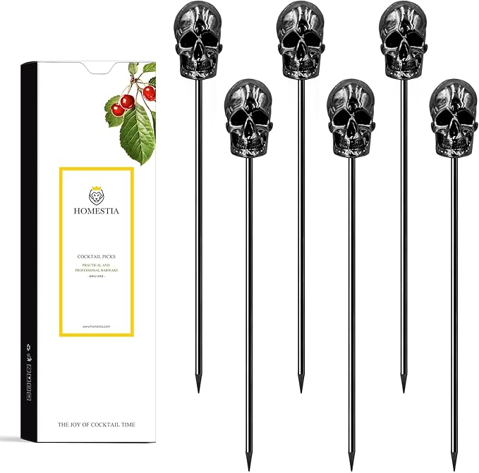 Homestia 6 Pcs Metal Cocktail Picks, 4.7 Inch Black Skull Martini Toothpicks Stainless Steel Reusable Appetizer Skewers for Halloween Party Drinks Fruit Sandwiches