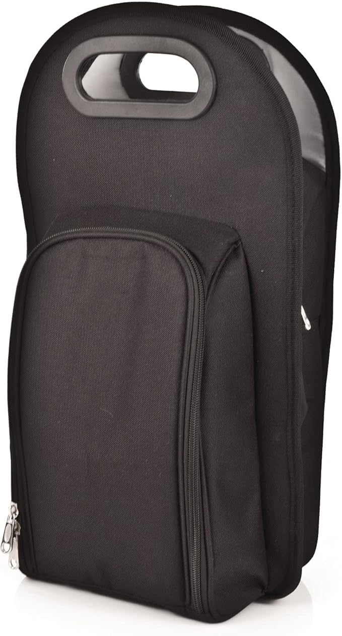 True Metro Insulated Wine Tote with Pockets, Wine Bottle Carrier and Picnic accessory set, wine glasses set of 2, Napkins, Corkscrew, and Bottle stopper, Black, Set of 1