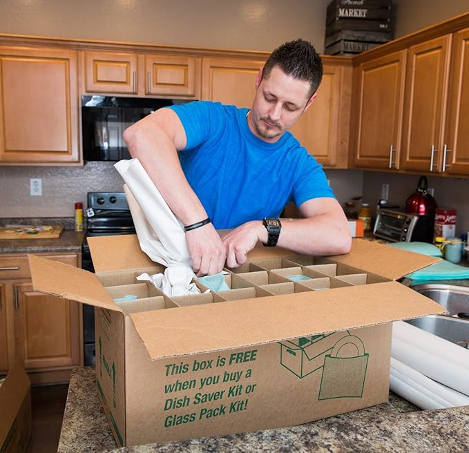 U-Haul Glass Packing Kit for Glasses and Stemware – Includes 1 Box, 1 Cell Divider Unit, and 18 Assorted Foam Pouches (Value Pack of 3)