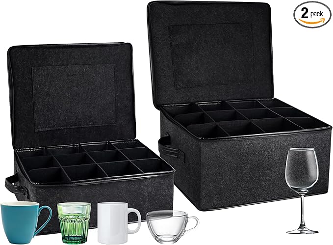 2 Pack Glass Storage Box with Dividers for Mugs & Glassware Coffee Cup Kit Stemware Storage Containers for Packing and Moving 12 Crystal Glassware, Wine Glasses, Drinkware (Gray)
