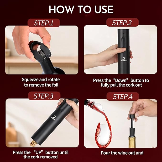 SANMAS Rechargeable Electric Wine Opener Set, 5-in-1 Automatic Corkscrew with Foil Cutter & Wine Aerator Pourer, 2 Vacuum Stoppers, Type-C Cable & Stand | Complete Wine Accessories Kit Gift Box