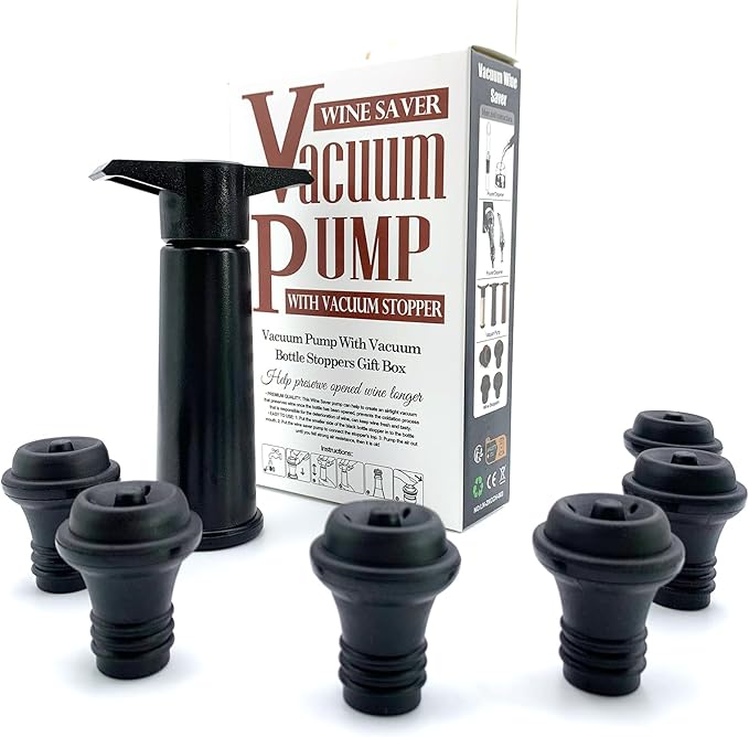 Wine Saver Vacuum Pump with 6 Stoppers, Wine Pump and Wine Vacuum Stopper, Reusable Bottle Sealer Keeps Fresh